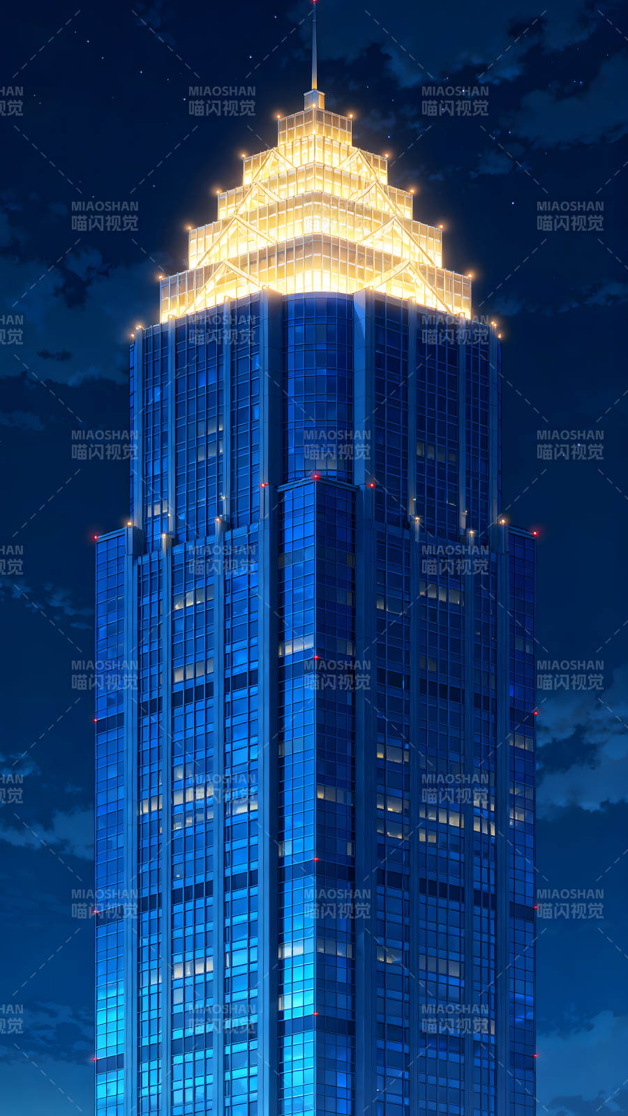 夜晚的蓝色摩天大楼灯火通明-图片