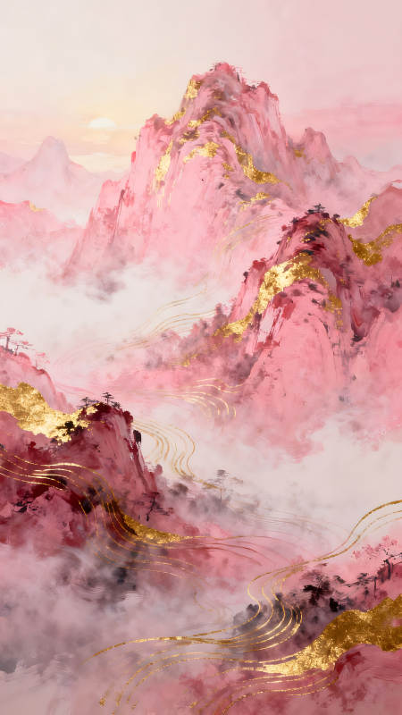 粉色山巒金線裝飾的東方意境-圖片