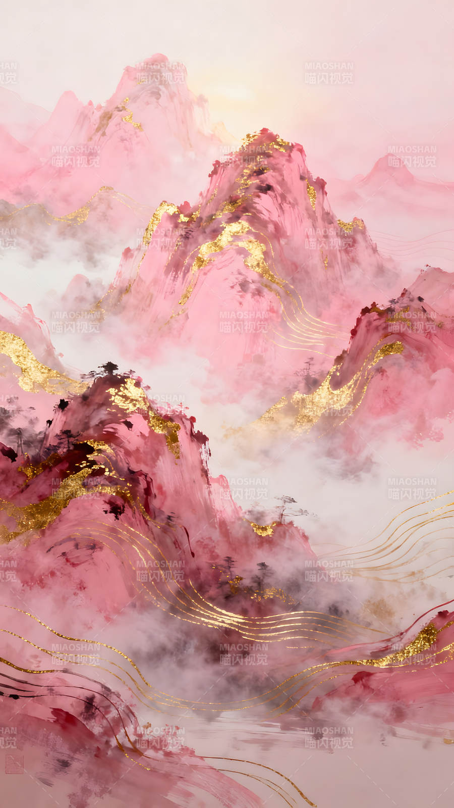 粉色山峰金色點綴仙氣飄渺-圖片