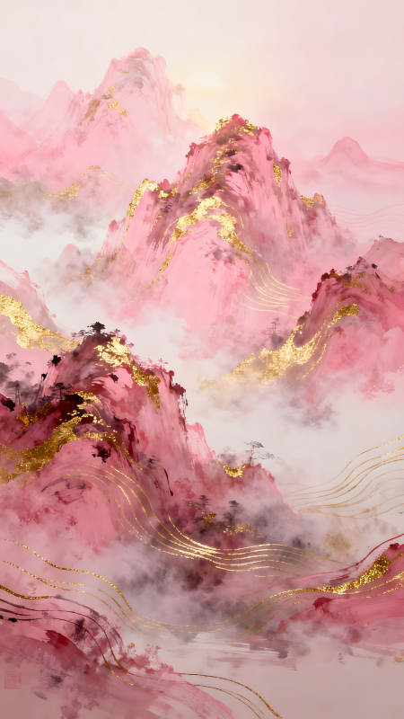 粉色山峰金色點綴仙氣飄渺-圖片