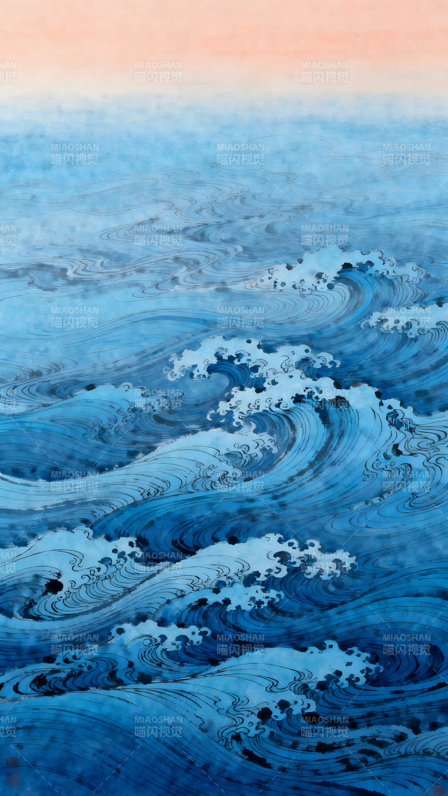 海浪繪畫天空水墨風景-圖片