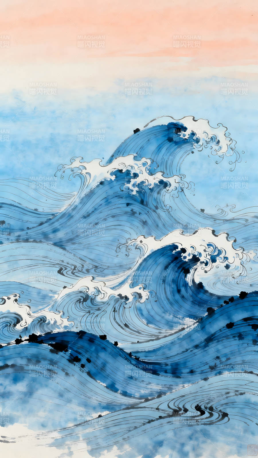 蓝色波涛汹涌的海浪艺术作品-图片