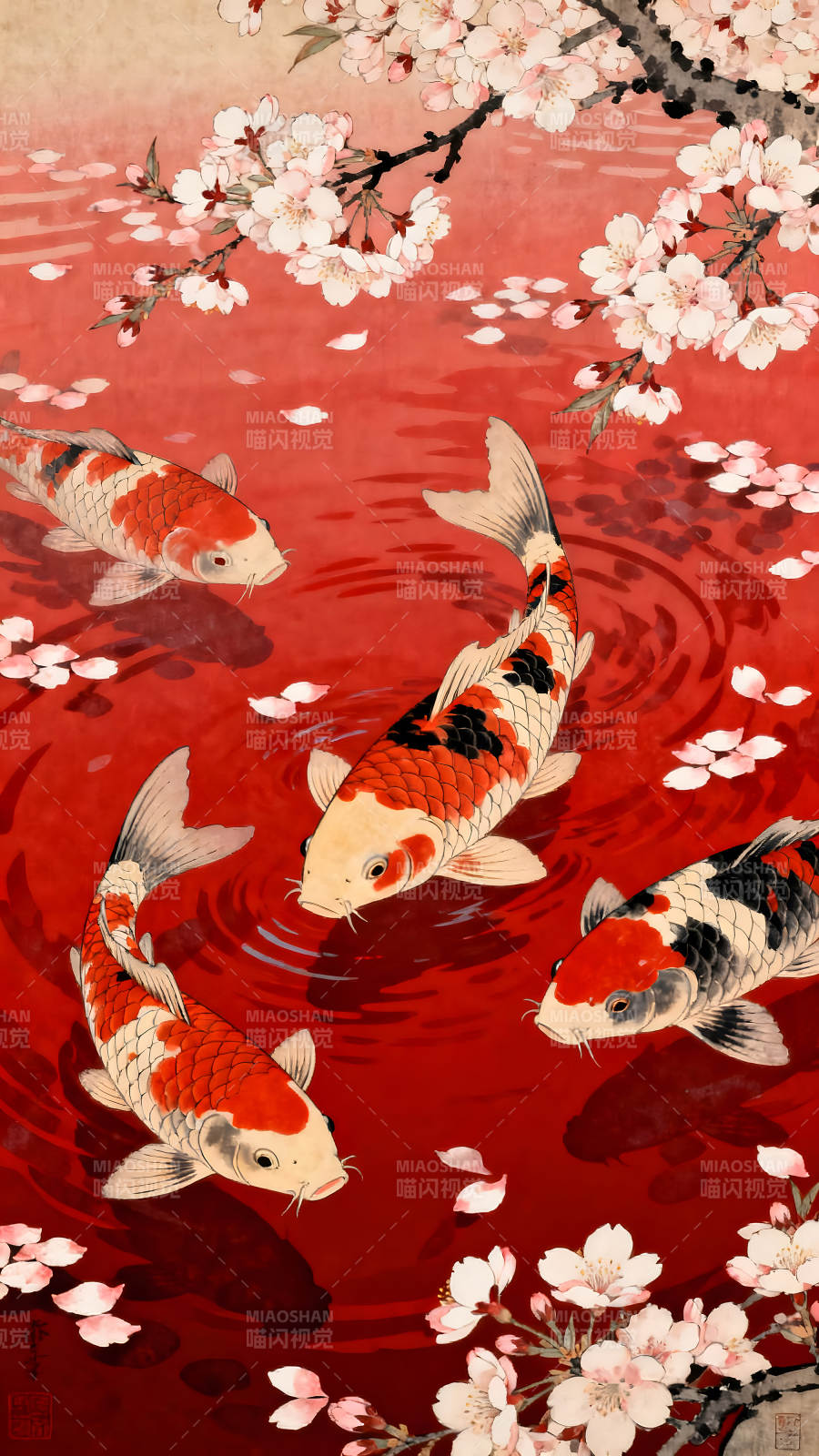 錦鯉戲水櫻花盛開水墨風格畫作-圖片