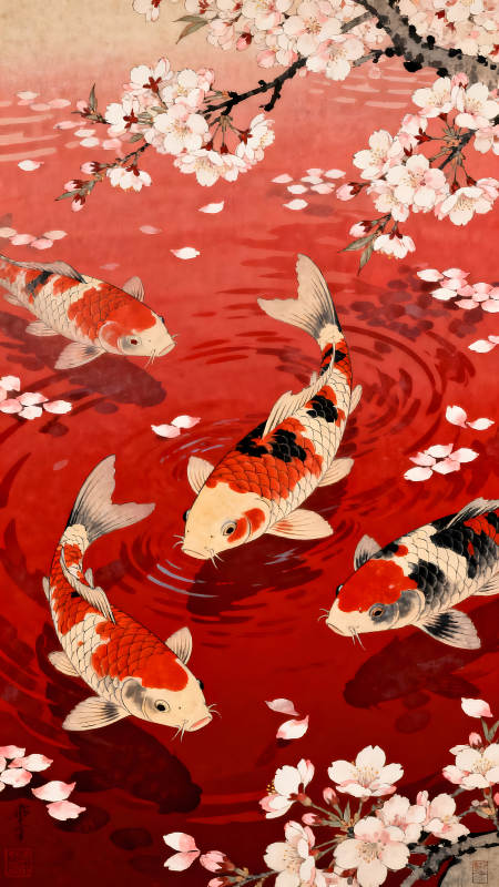 錦鯉戲水櫻花盛開水墨風(fēng)格畫作-圖片