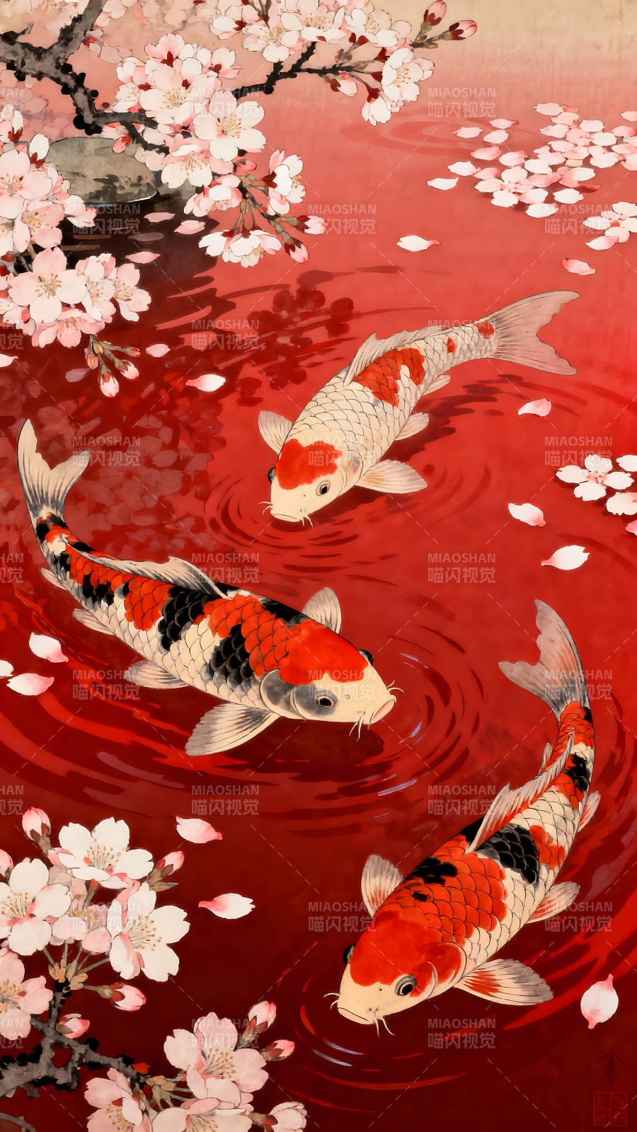 池塘锦鲤与樱花之美-图片