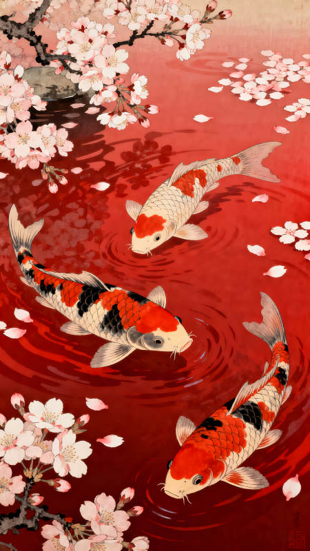 池塘錦鯉與櫻花之美-圖片