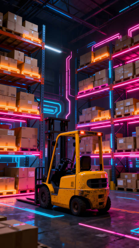 倉庫夜景霓虹燈光下叉車-圖片