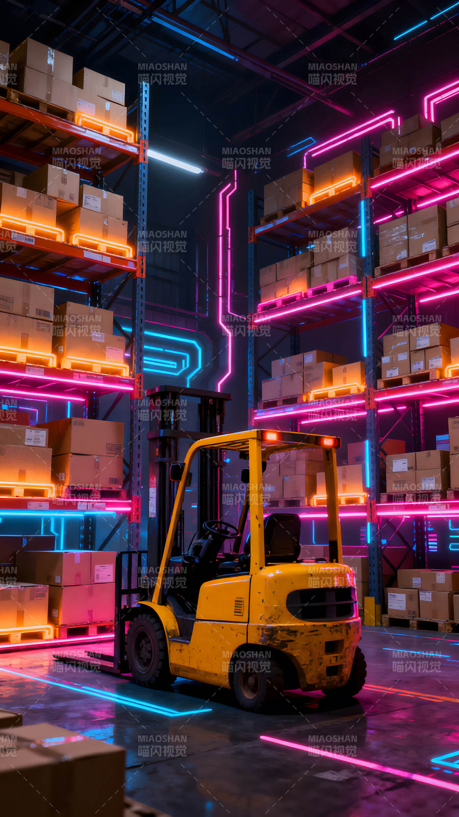 倉庫夜景霓虹燈光下叉車-圖片