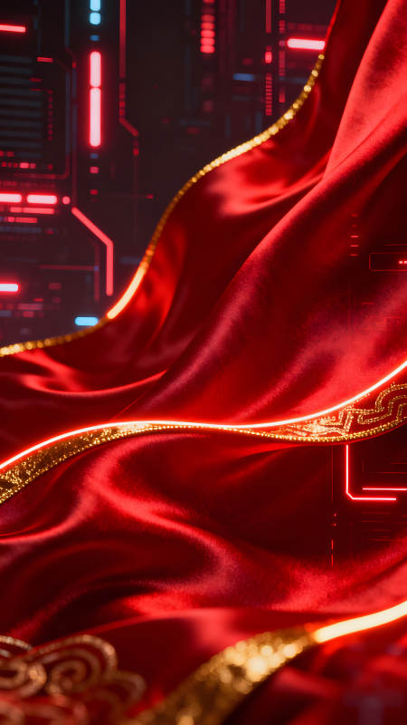 紅綢與科技感背景的藝術(shù)結(jié)合-圖片