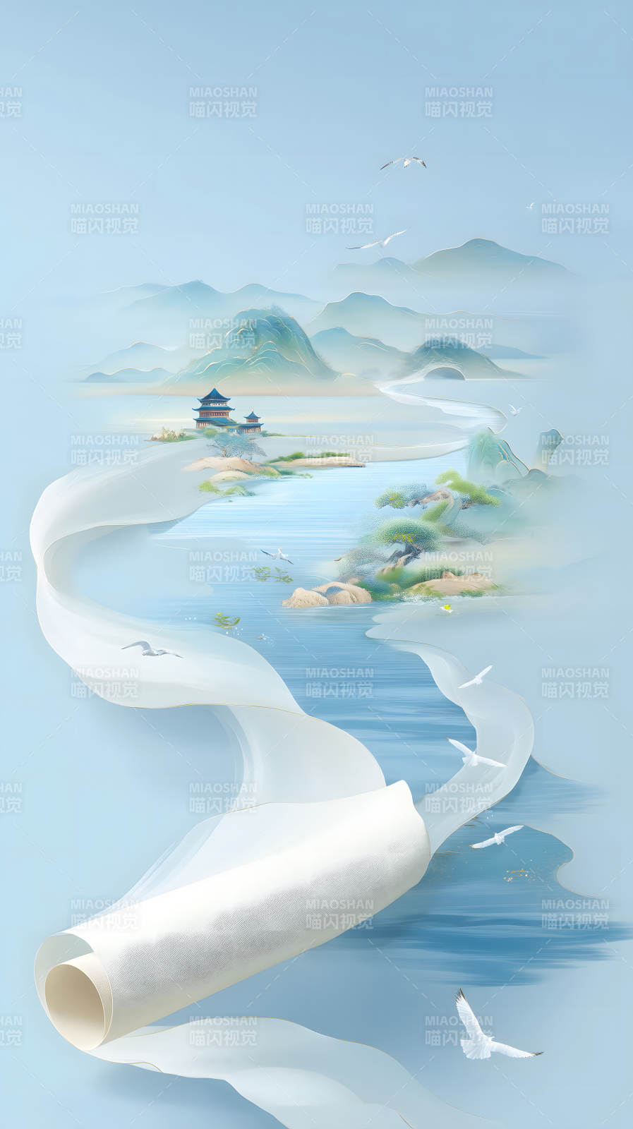 東方意境山水畫卷鳥兒飛翔-圖片