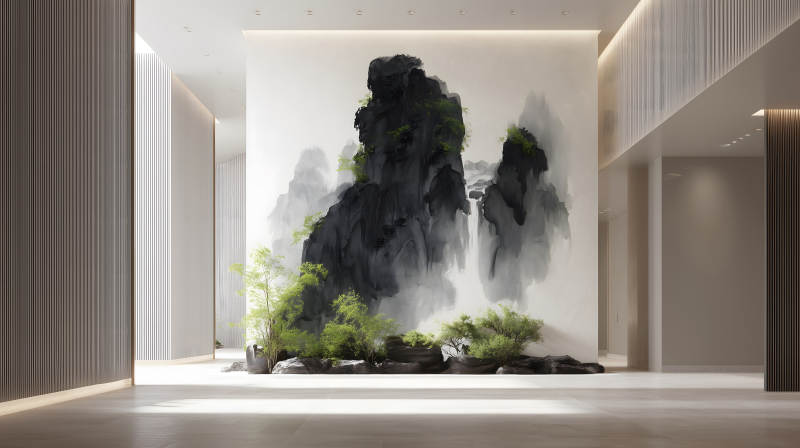 禪意山水畫裝飾的簡約室內-圖片