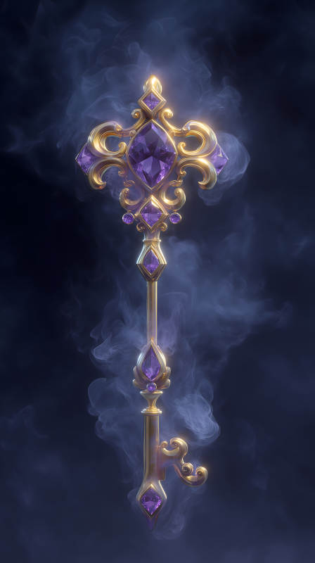 金色寶石鑰匙在紫色煙霧中-圖片