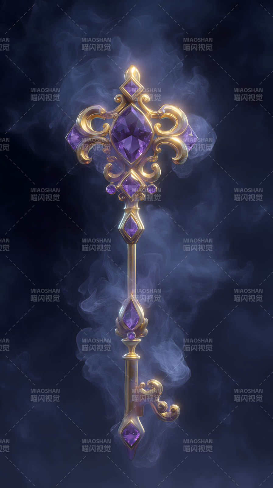 金色宝石钥匙在紫色烟雾中-图片