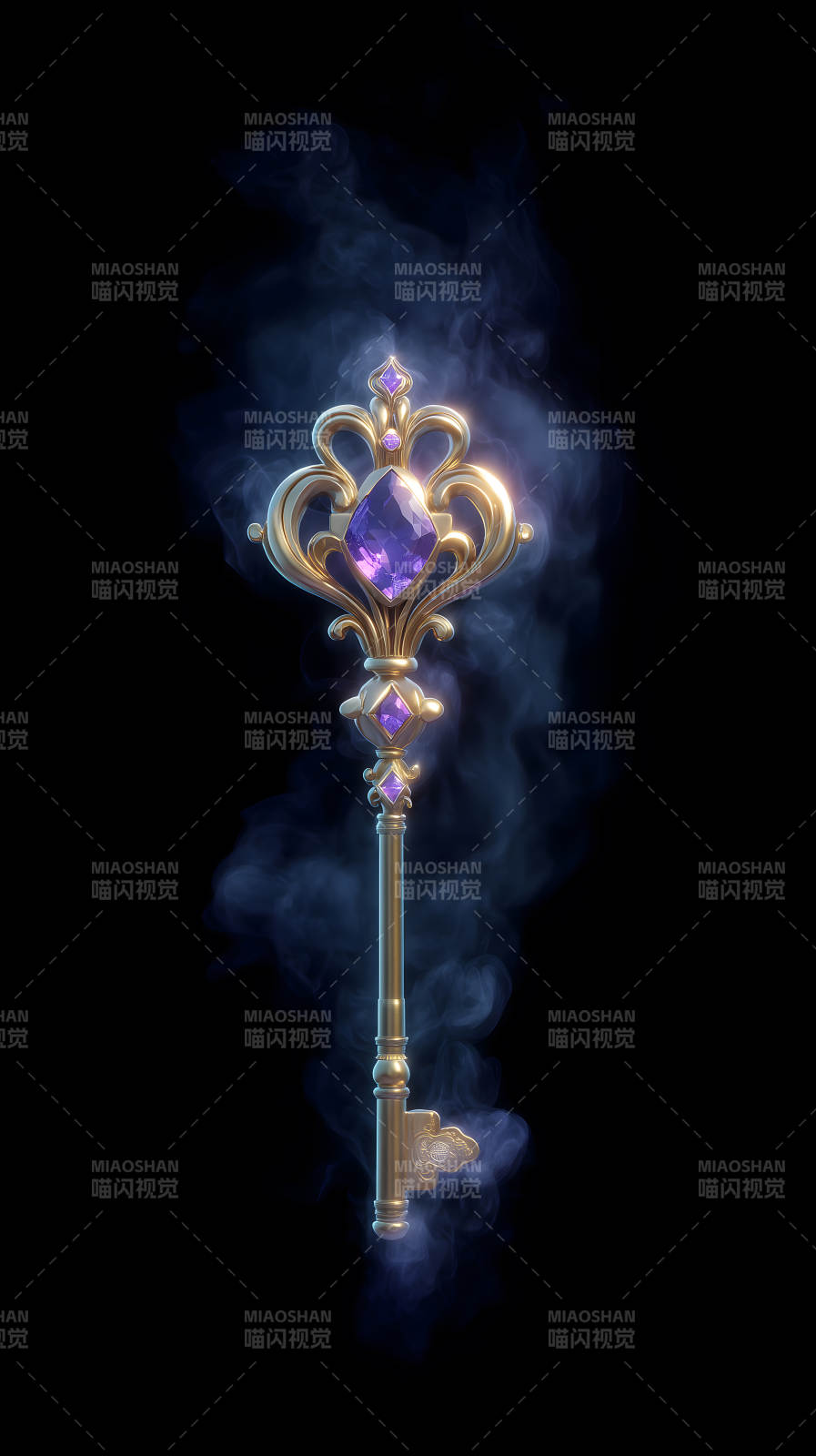 黄金钥匙镶嵌紫宝石烟雾缭绕-图片