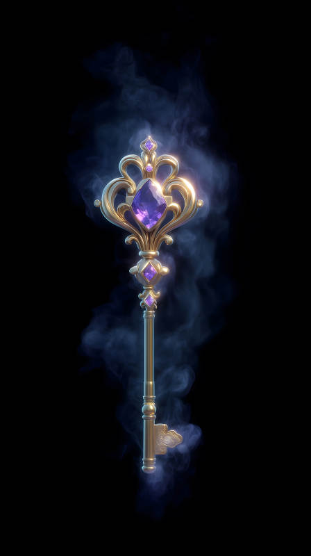 黃金鑰匙鑲嵌紫寶石煙霧繚繞-圖片