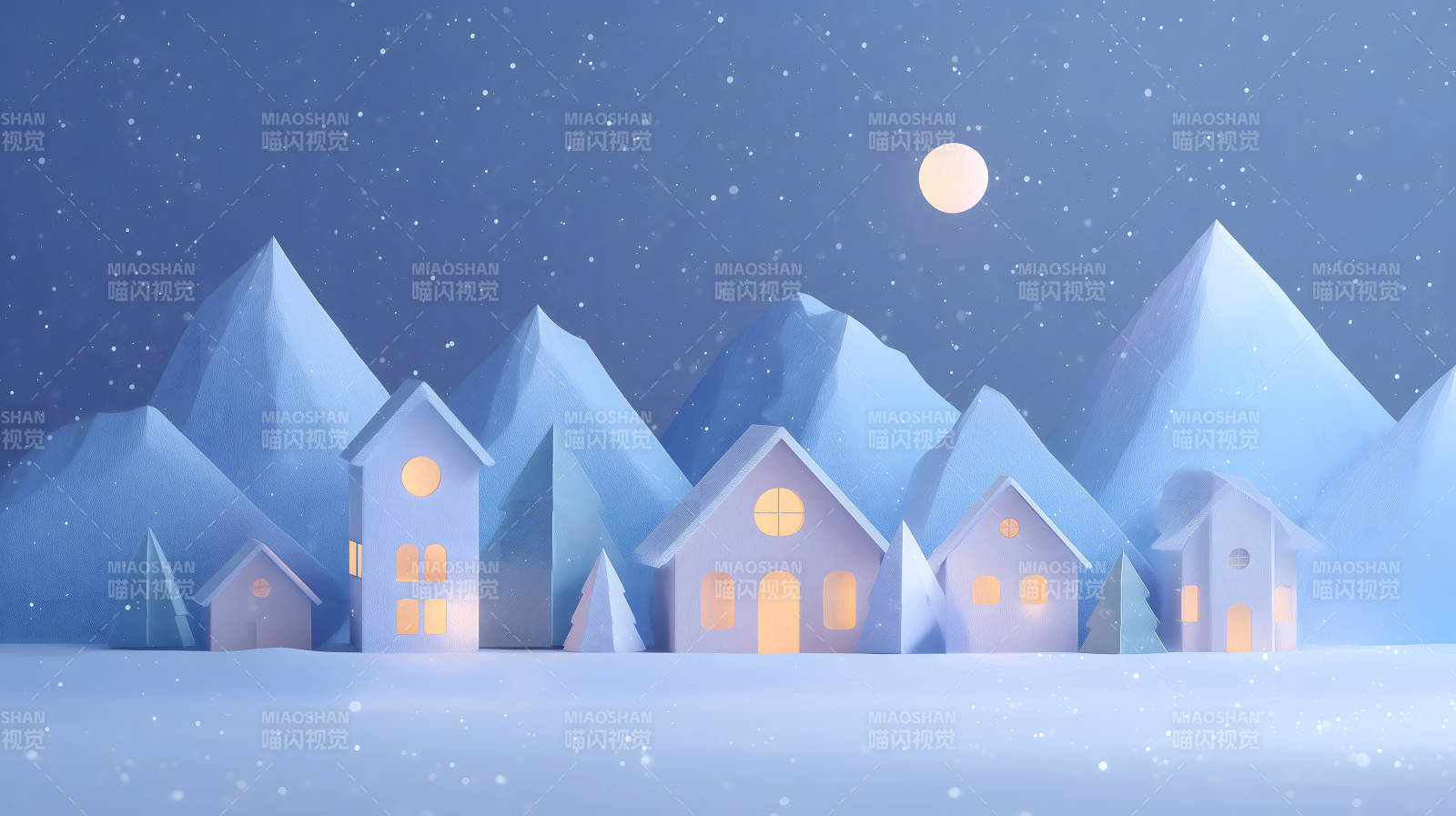 冬夜村莊雪山下的溫馨景象-圖片