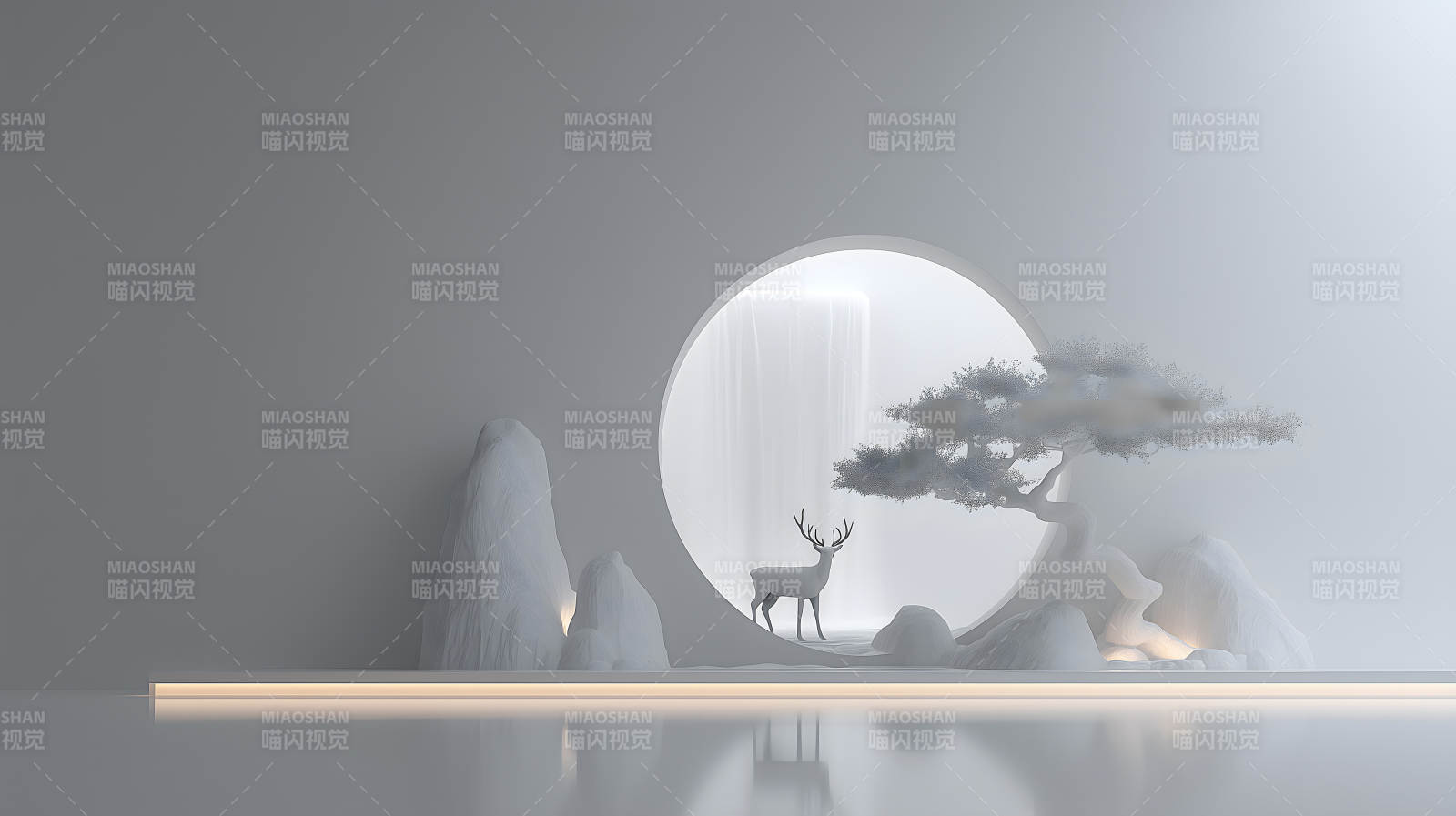 靜謐空間鹿與瀑布意境深遠-圖片