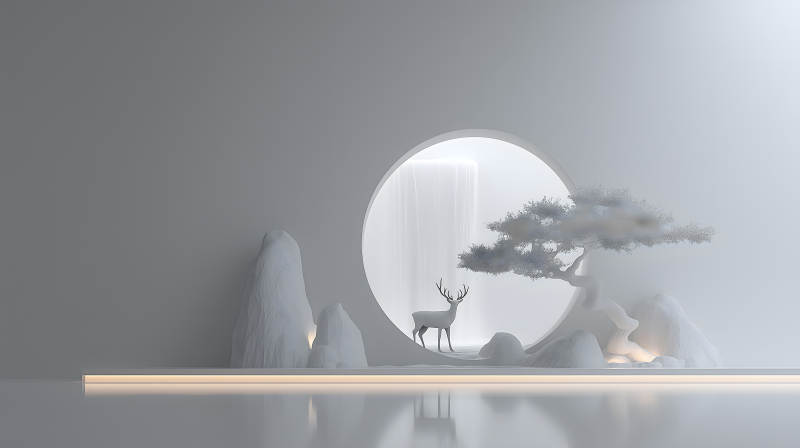 靜謐空間鹿與瀑布意境深遠-圖片