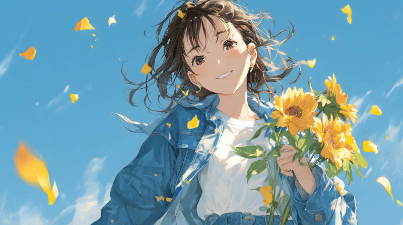 陽光少女手捧向日葵微笑-圖片