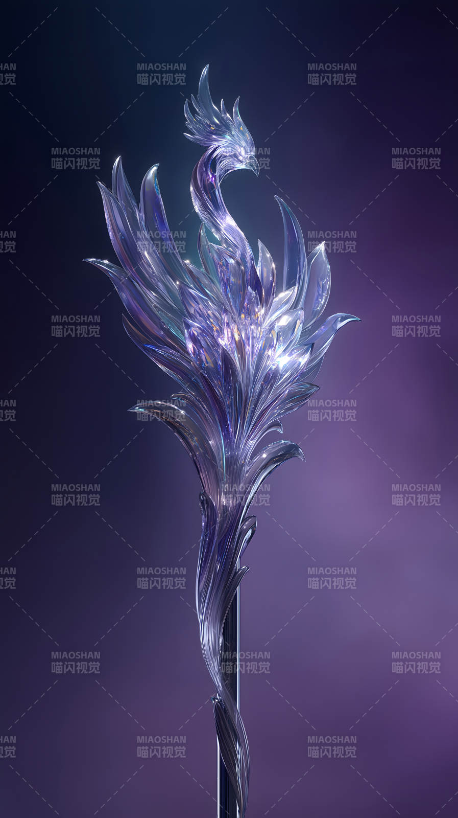 水晶凤凰雕塑优雅精致梦幻光影-图片