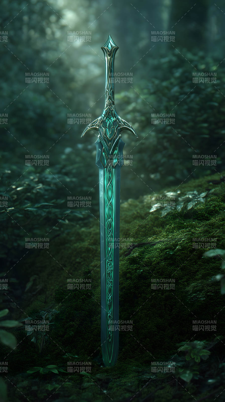 一把精美的发光绿宝石剑在森林里-图片