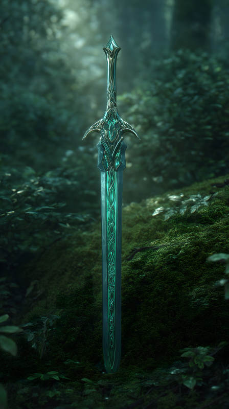 一把精美的發(fā)光綠寶石劍在森林里-圖片