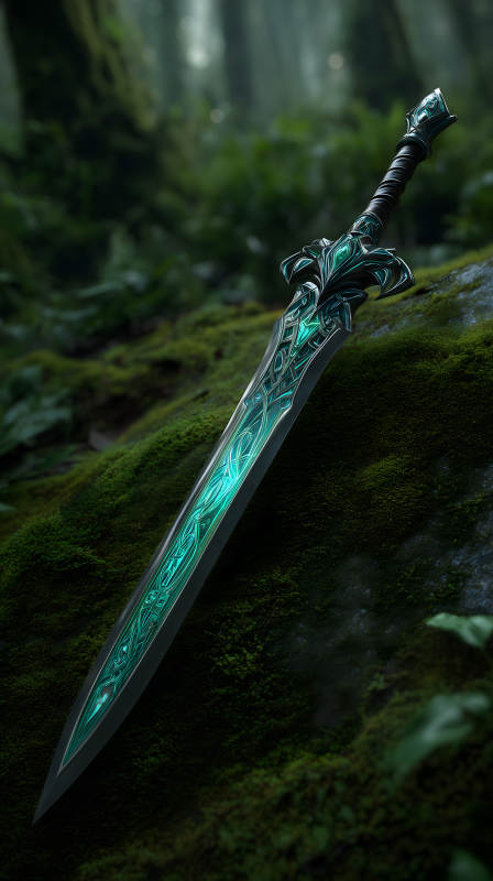 一把發(fā)光的劍插在苔蘚上-圖片