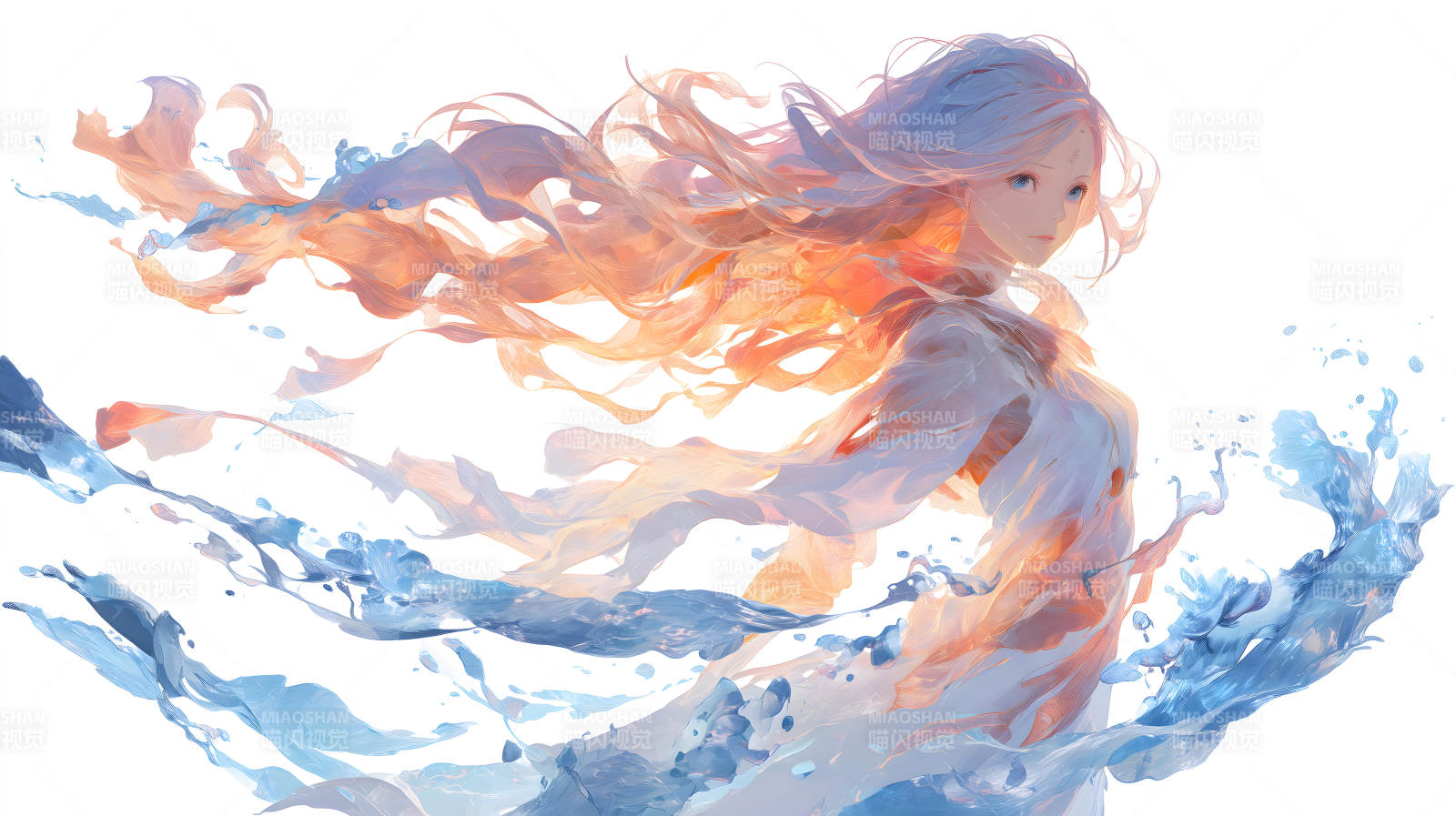 唯美飄逸的動漫女孩與水元素-圖片