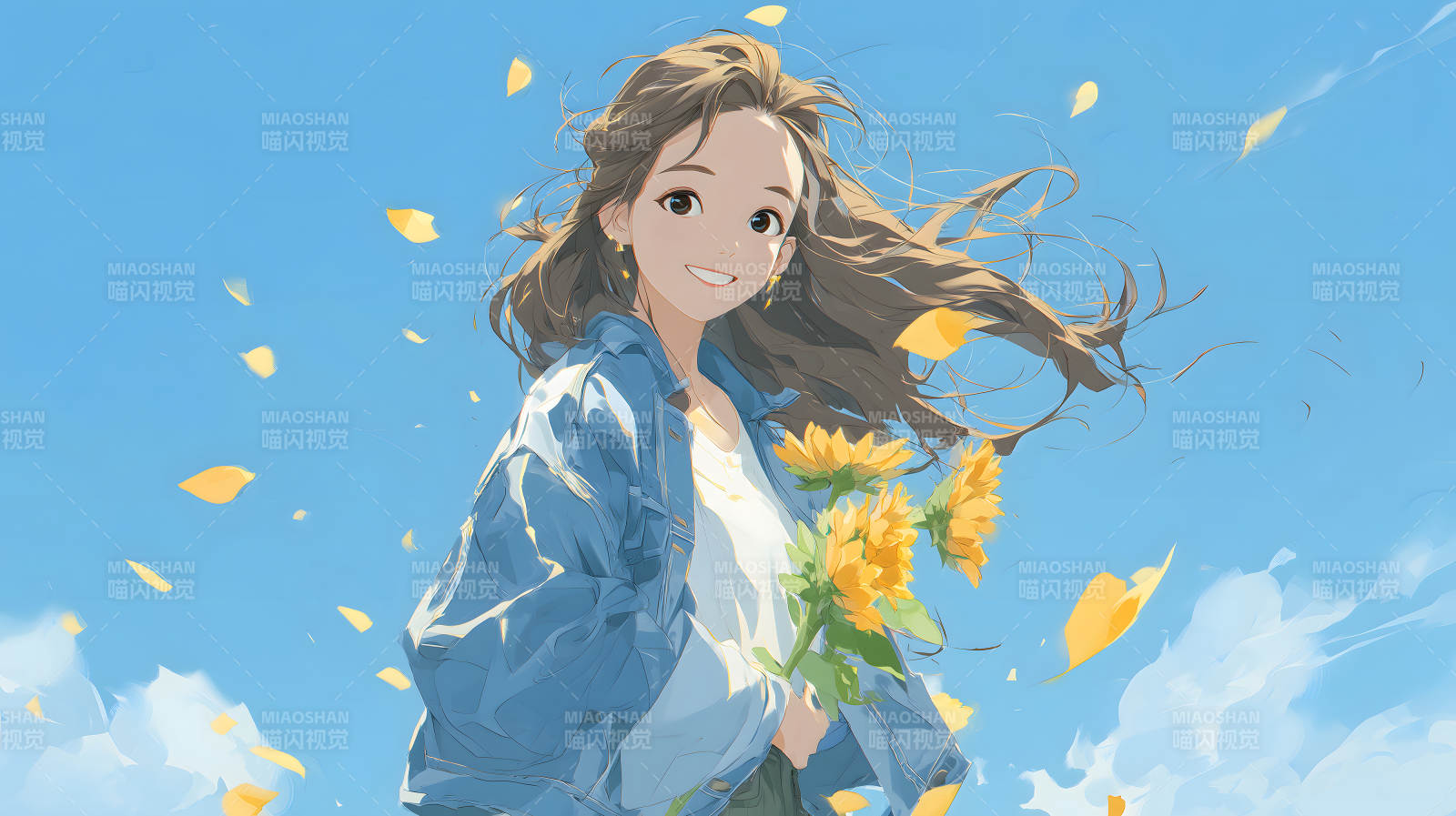 手持向日葵的微笑少女-圖片