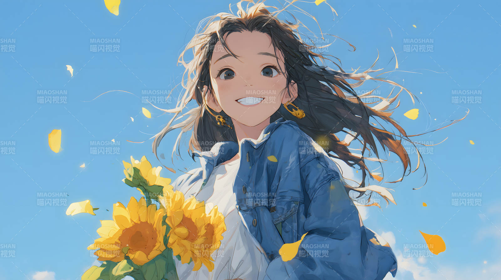 女孩手捧向日葵在晴朗天空下綻放笑容-圖片