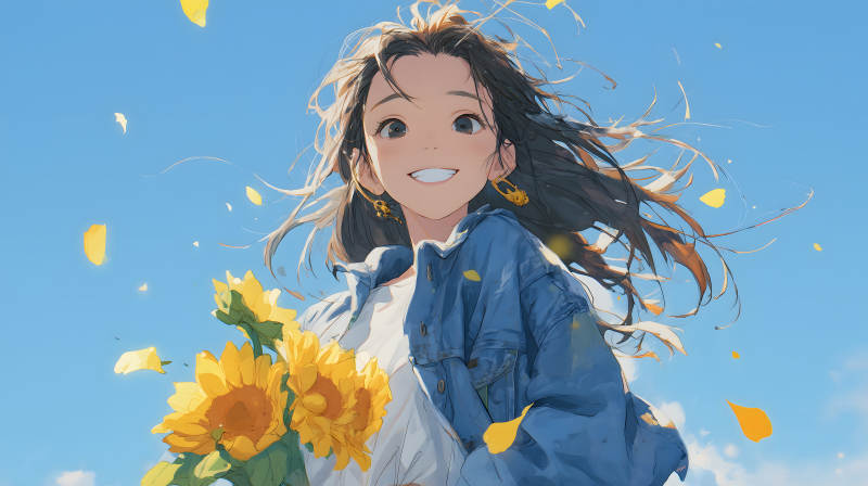 女孩手捧向日葵在晴朗天空下綻放笑容-圖片