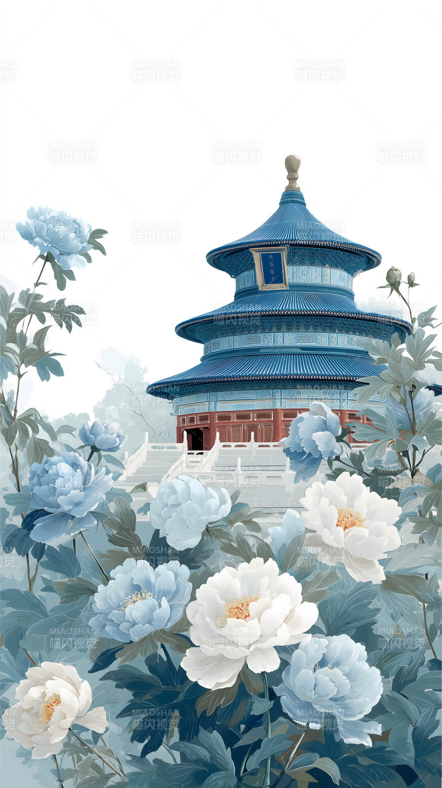 中國風(fēng)古建筑與花卉圖-圖片