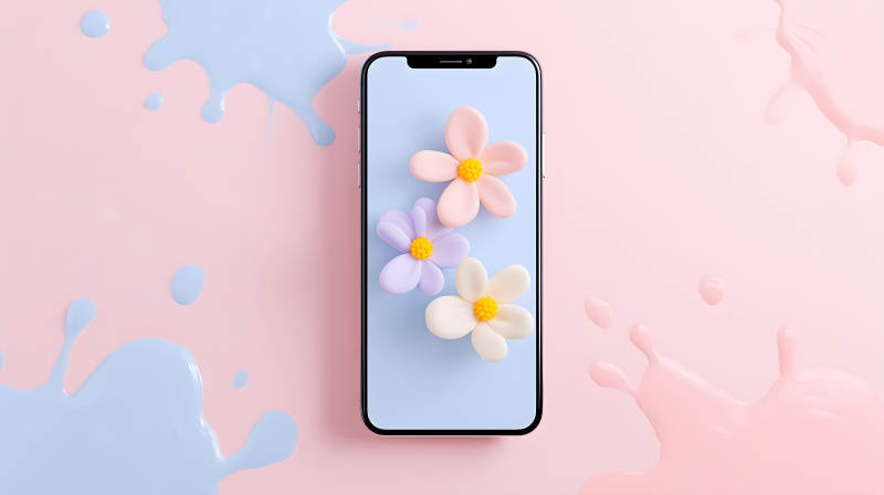 手機屏幕上的鮮花裝飾粉色背景-圖片