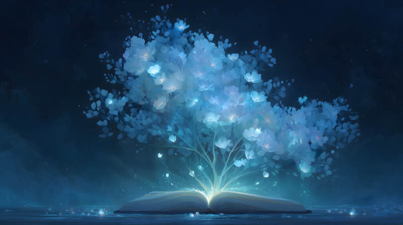 書籍孕育的奇幻之樹散發光芒-圖片