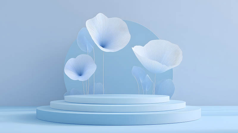 藍色花朵與階梯展示臺-圖片