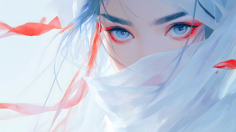 藍色眼睛和紅色的點綴面紗-圖片