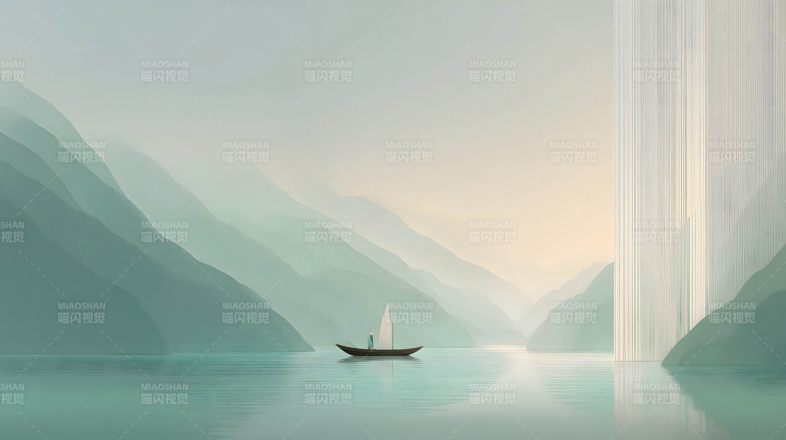 湖泊上的帆船与远山-图片