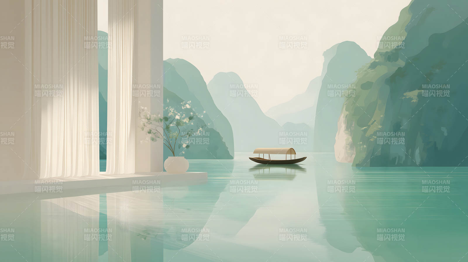 室内景观艺术朦胧山水景色-图片