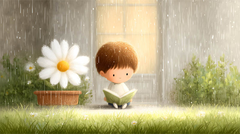 雨中讀書的可愛小男孩-圖片