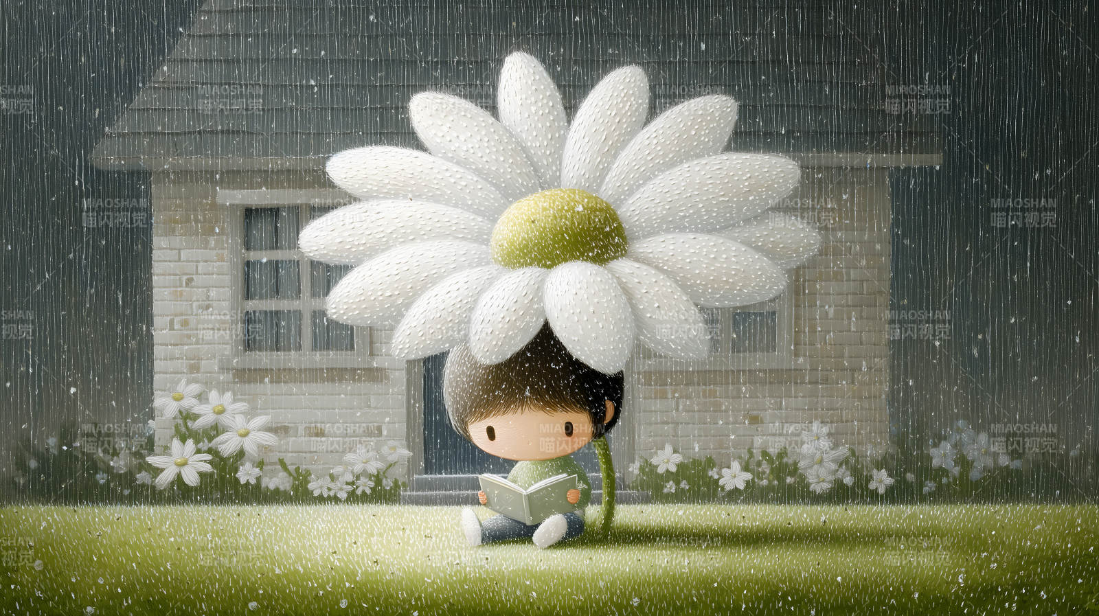 男孩雨中读书花朵遮雨-图片