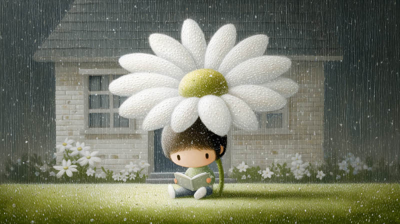 男孩雨中讀書花朵遮雨-圖片