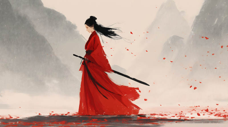 红衣女子手持剑站在山水之间-图片