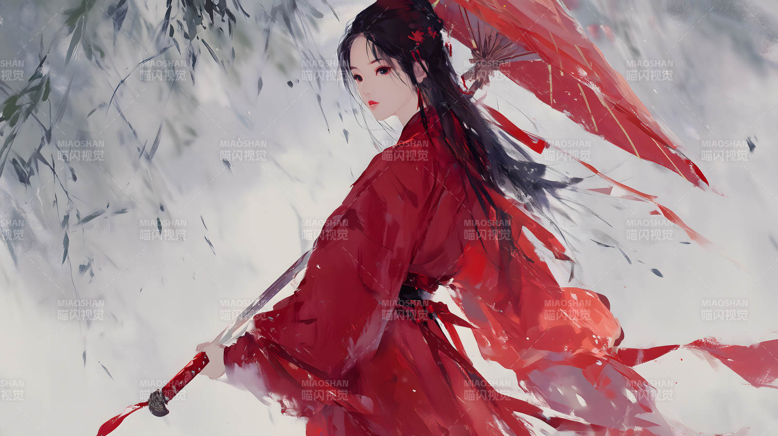 紅衣女子撐傘回眸圖片