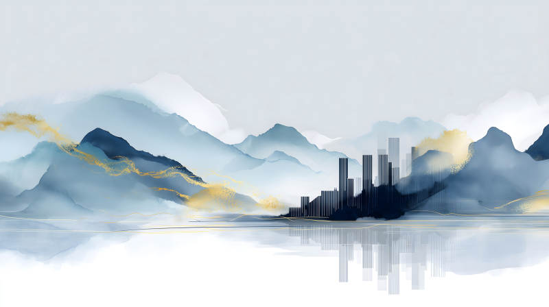 水墨山水城市倒影金色點綴-圖片