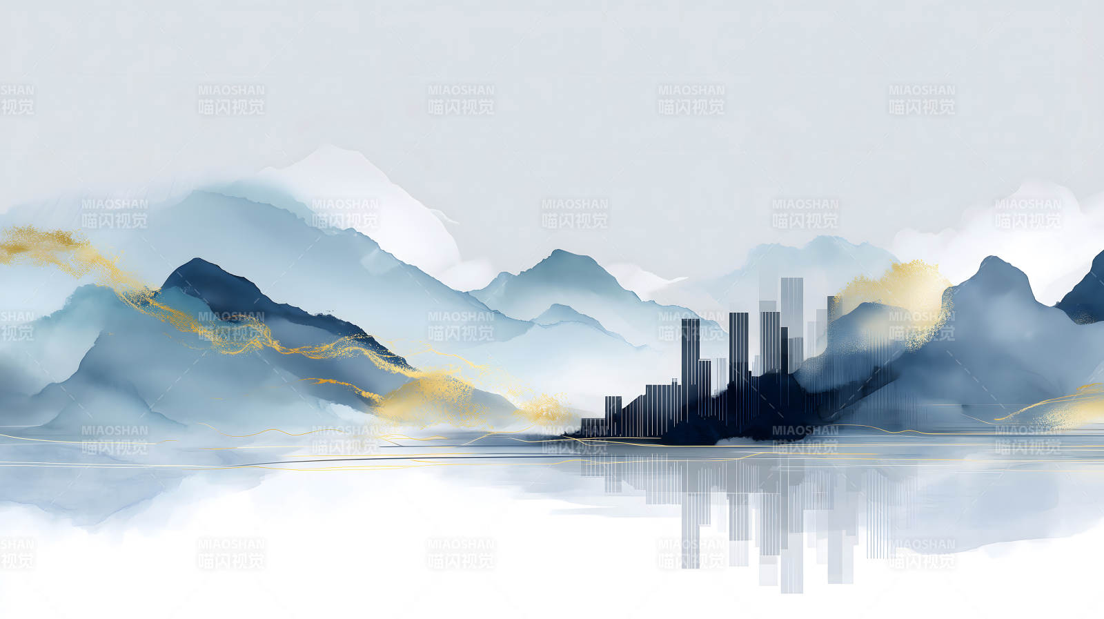 水墨山水城市倒影金色点缀-图片