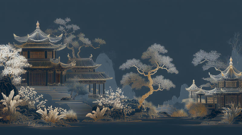 東方園林風(fēng)景畫亭臺樓閣景色-圖片