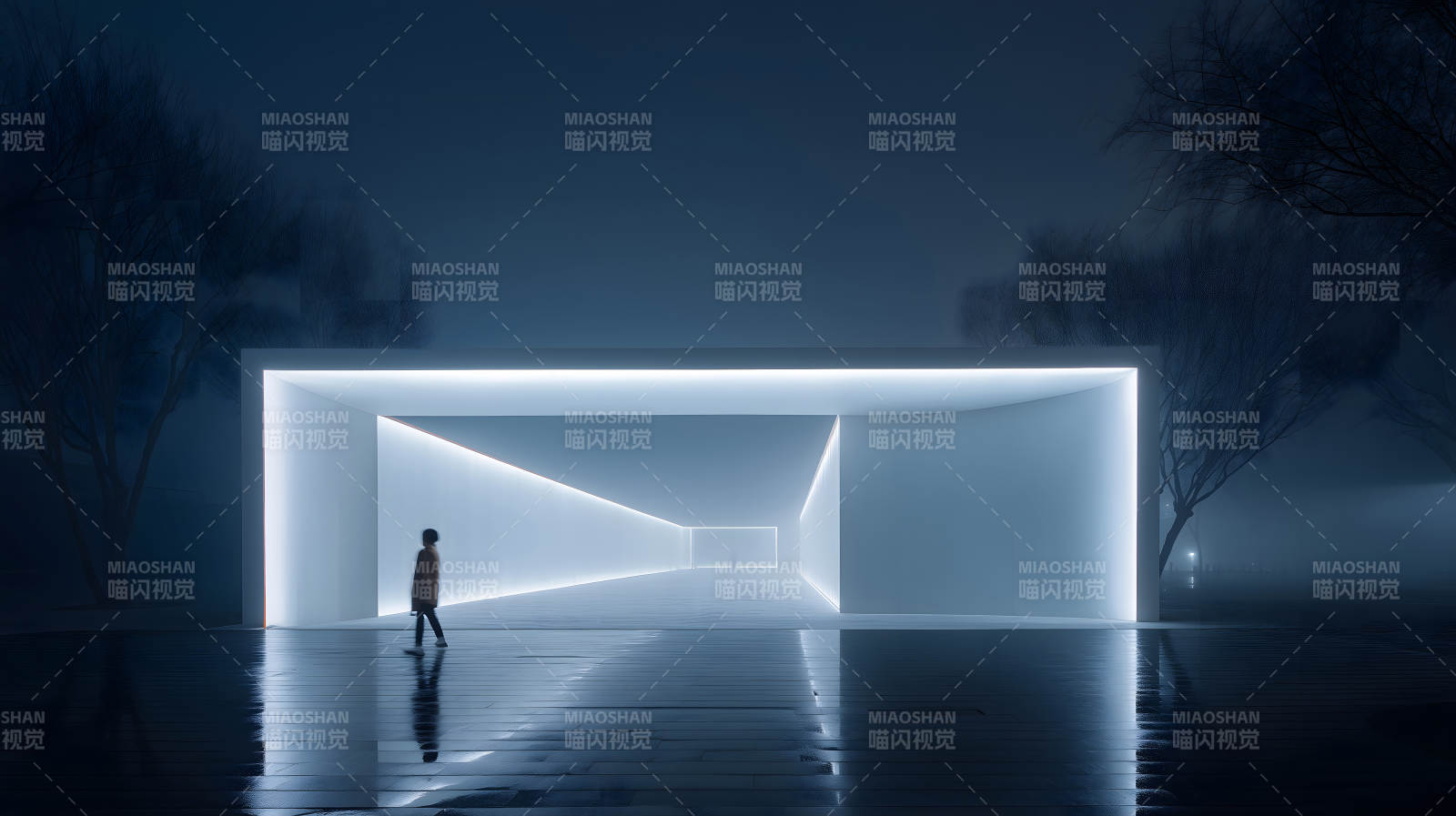 冷色调建筑空间内的行人身影-图片