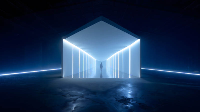 神秘的藍色光線通道中的人物-圖片