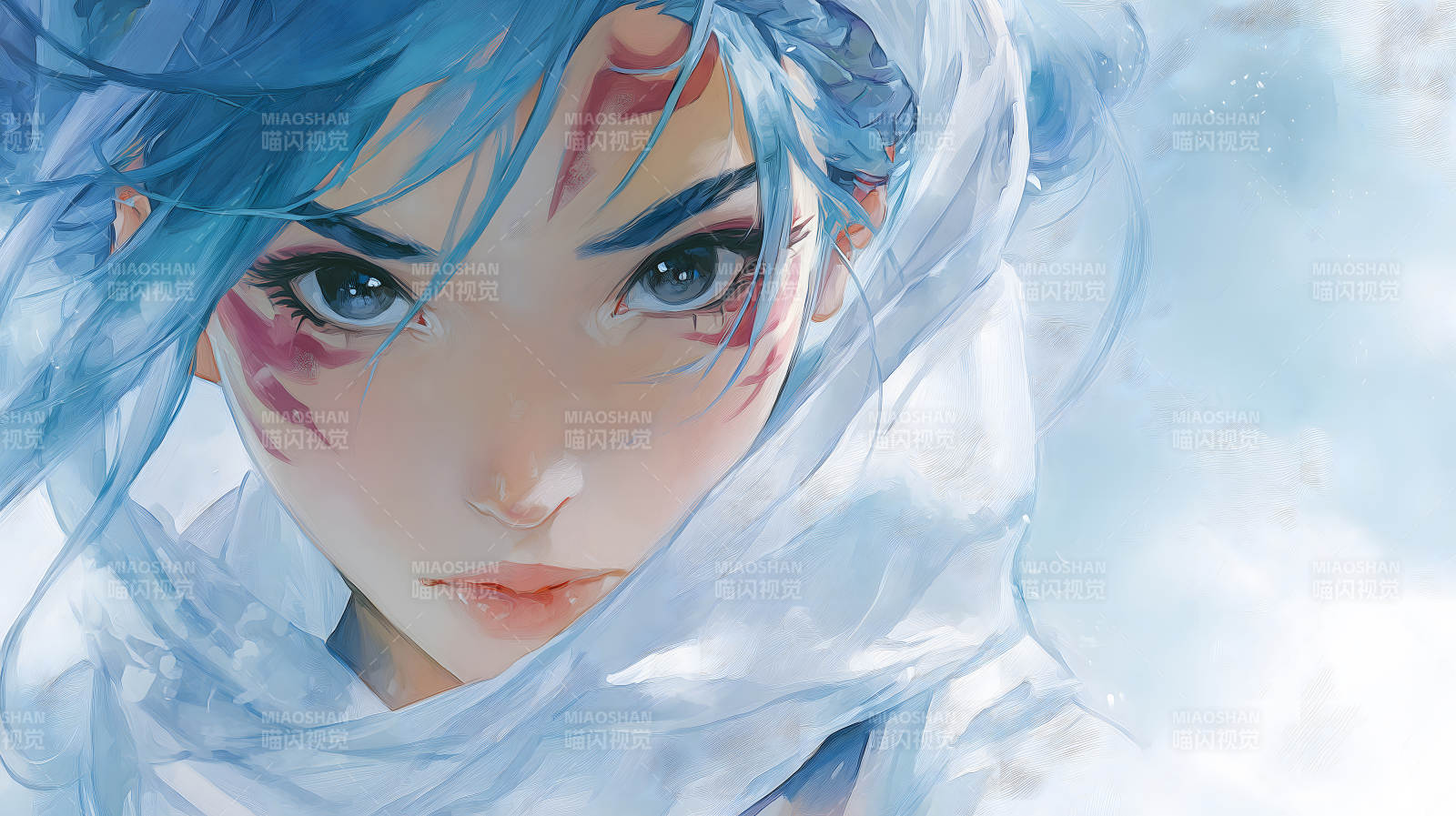 藍色長發少女眼神憂郁-圖片