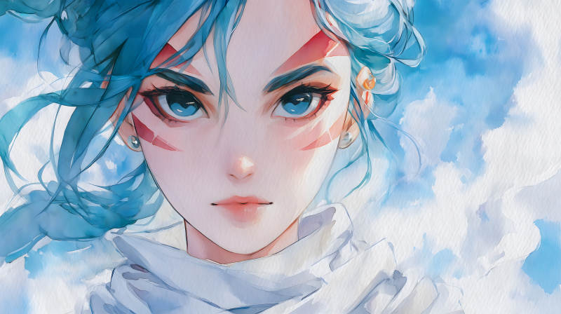 蓝发女孩仰望天空水彩风格动漫风-图片